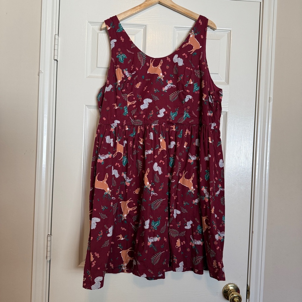 Modcloth Burgundy Woodland Animal Print Fit Flare Lined Dress